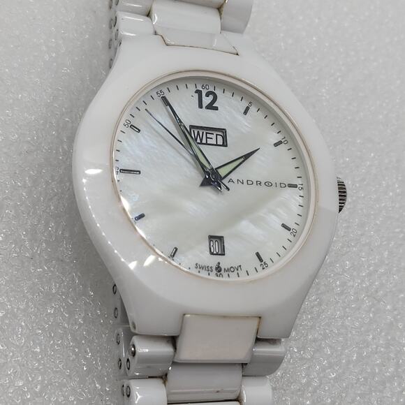 Android Aragon White Ceramic MOP Sapphire 8mm Slim case Watch Bracelet Band Thin - Picture 4 of 12